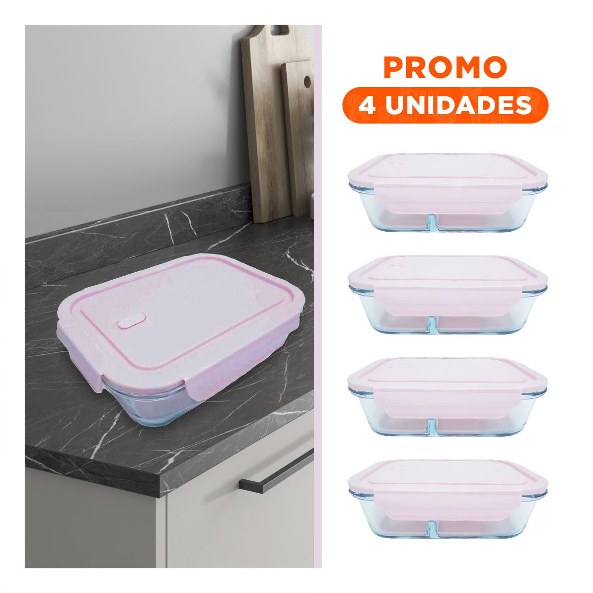 PACK4 FUENTE DE VIDRIO ROSADO PARA ALMUERZO CON 3 DIVISIONES Y+REGALO STICKER - 1