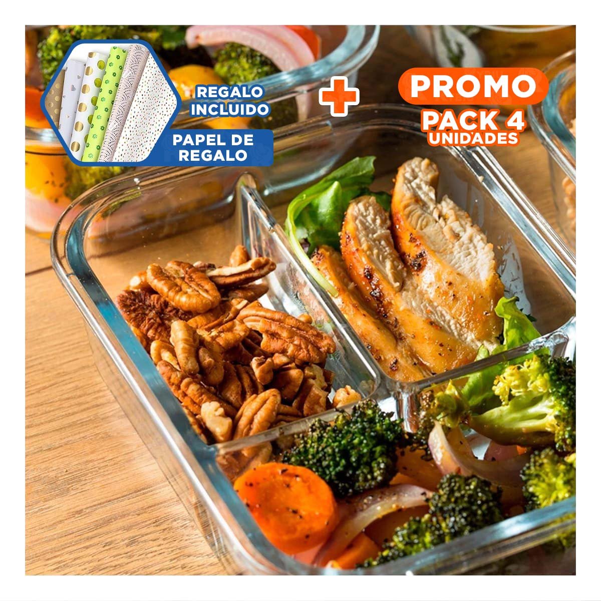 PACK4 CAJA DE VIDRIO ROSADO PARA ALMUERZO CON 3 DIVISIONES Y+PAPEL REGALO - 1