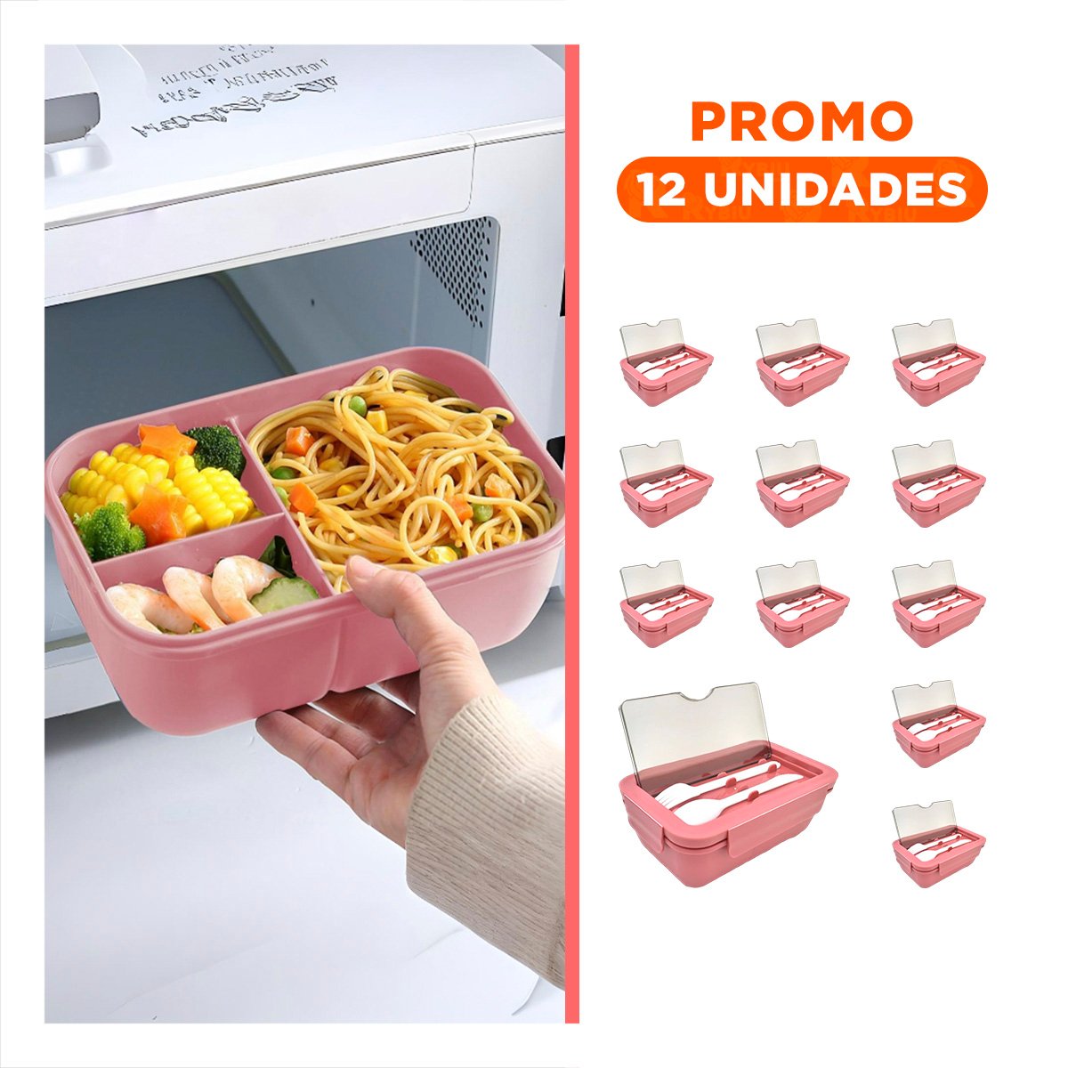 PACK12 CONTENEDOR 1100ML ROSADO HECHO CON CUBIERTOS Y DIVISION INTERNA Y+REGALO STICKER - 1