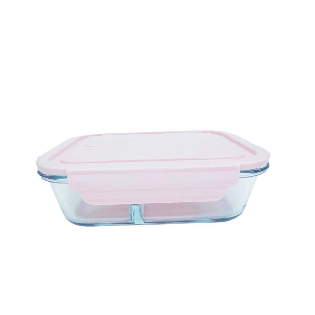 PACK2 ORGANIZADOR DE VIDRIO ROSADO PARA ALMUERZO CON 3 DIVISIONES Y+REGALO STICKER - 2
