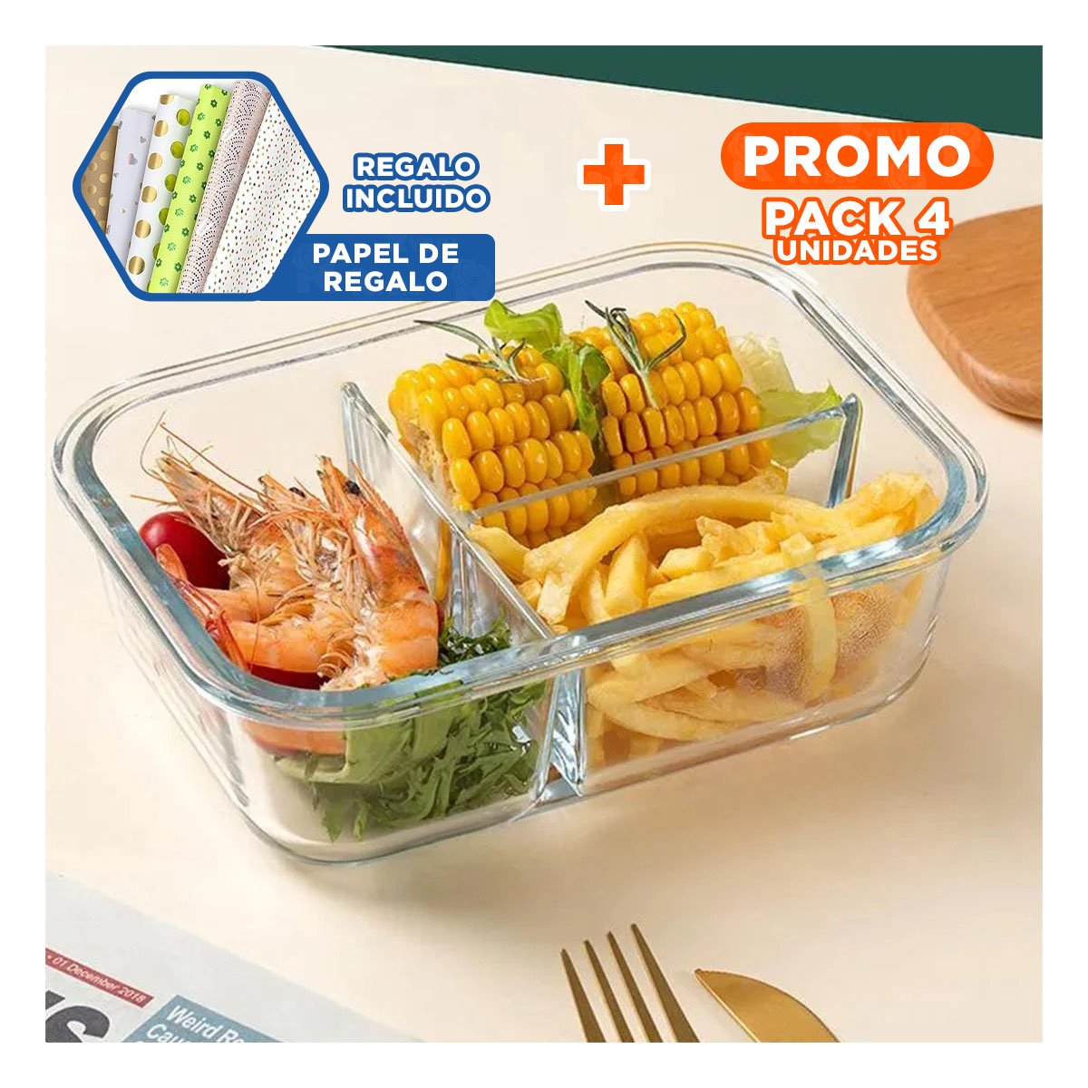 PACK4 BANDEJA DE VIDRIO PARA ALMUERZO CON 3 DIVISIONES Y+PAPEL REGALO - 1
