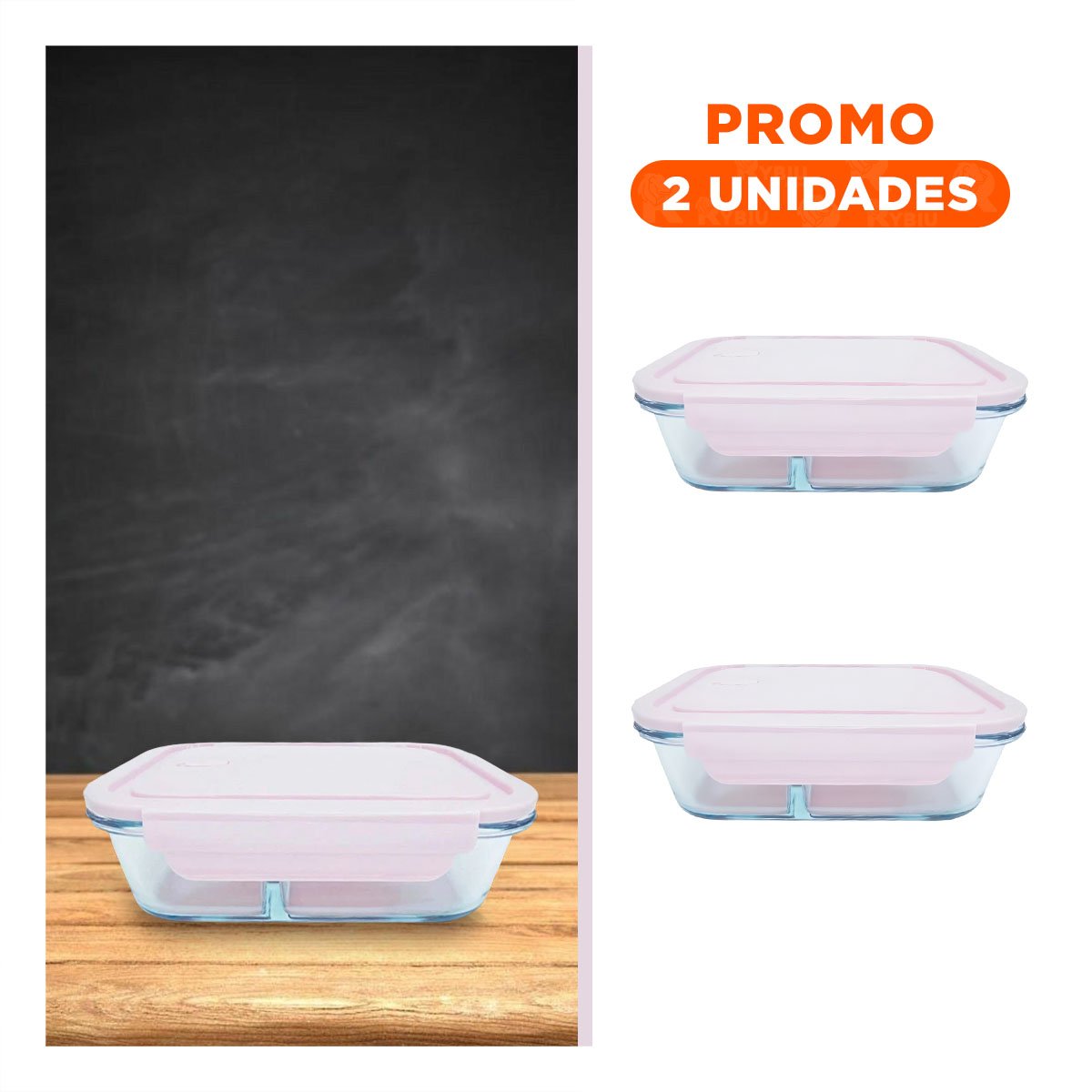 PACK2 ENVASE DE VIDRIO ROSADO PARA ALMUERZO CON 3 DIVISIONES - 1