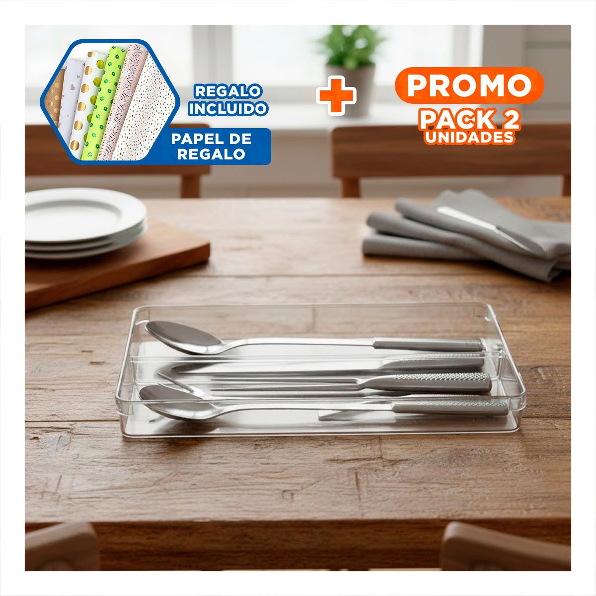 PACK2 RECIPIENTE PRACTICO QUE ORGANIZA CAJONES 27X18X5CM TRANSPARENTE Y+PAPEL REGALO - 1