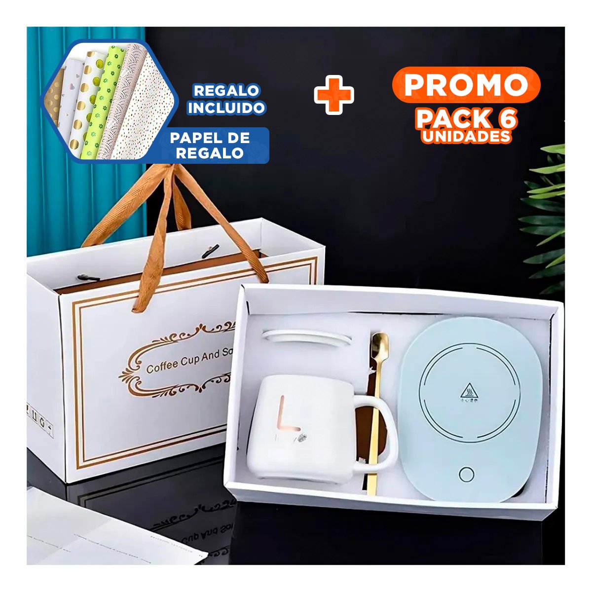 PACK6 DISPOSITIVO PORTATIL CALENTADOR DE TAZA BLANCO EN CAJA Y+PAPEL REGALO - 1