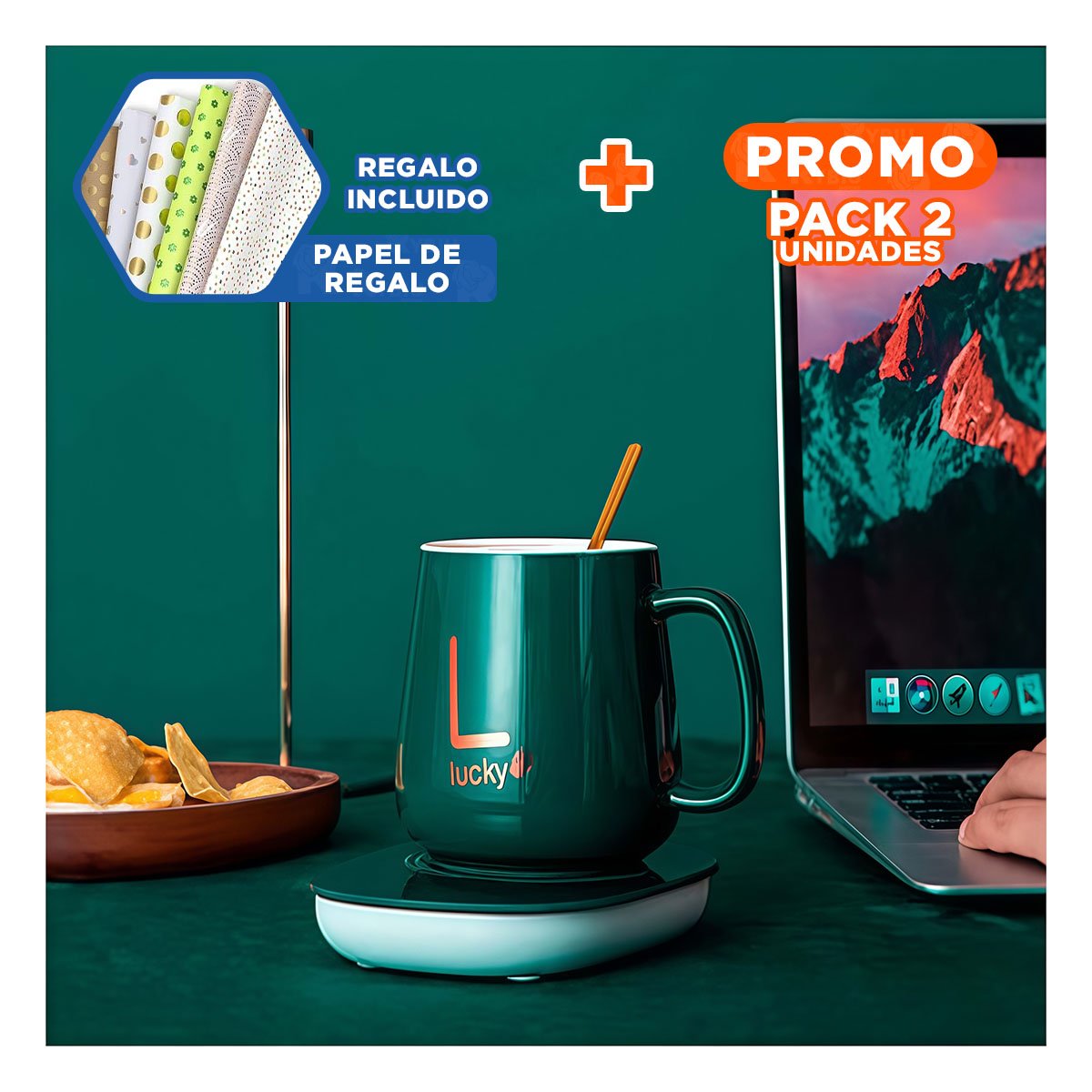 PACK2 UNIDAD MODERNA CALENTADORA DE TAZA VERDE EN CAJA Y+PAPEL REGALO - 1