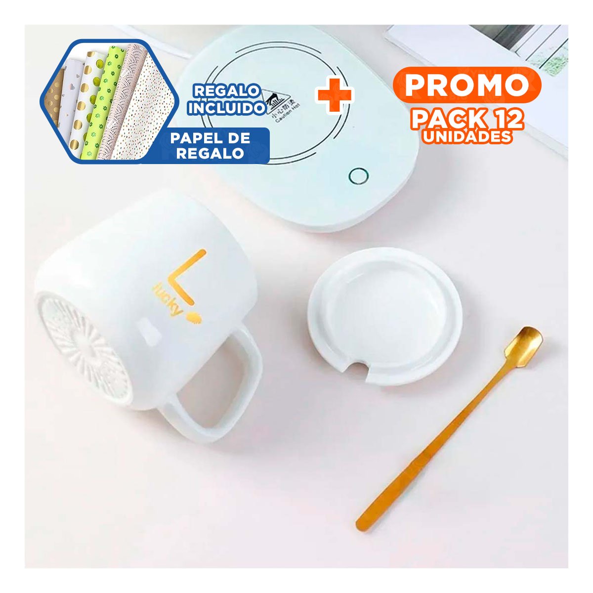 PACK12 PLATAFORMA PORTATIL CALENTADORA DE TAZA BLANCO EN CAJA Y+PAPEL REGALO - 1