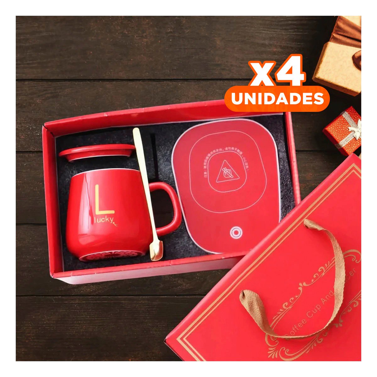 PACK4 COLECCION CALENTADOR DE TAZA EN CAJA ROJO ACCESORIO MODERNO PARA CASA - 1