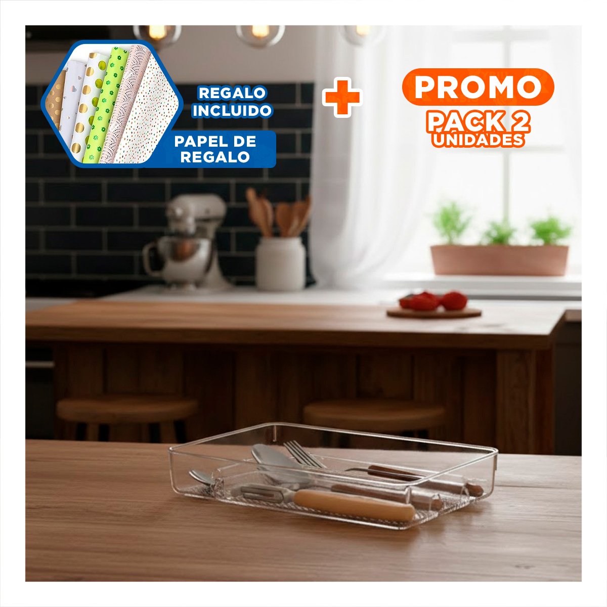 PACK2 RECIPIENTE PRACTICO QUE ORGANIZA CAJONES 33X18X5CM TRANSPARENTE Y+PAPEL REGALO - 1