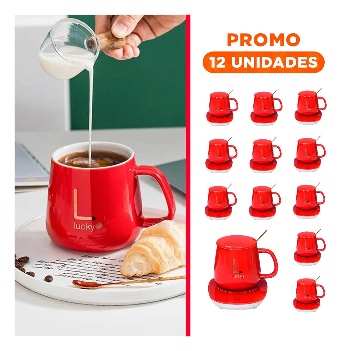 PACK12 BASE CALEFACTORA DE TAZA EN CAJA ROJO PLATAFORMA PRACTICA PARA BEBIDAS Y+REGALO STICKER - 1