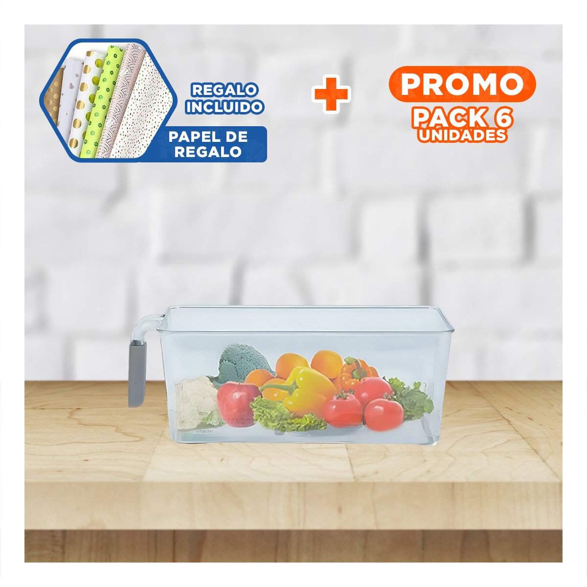 PACK6 CONTENEDOR TRANSPARENTE RECTANGULAR CON ASA PARA REFRIGERADOR PLOMO Y+PAPEL REGALO - 1