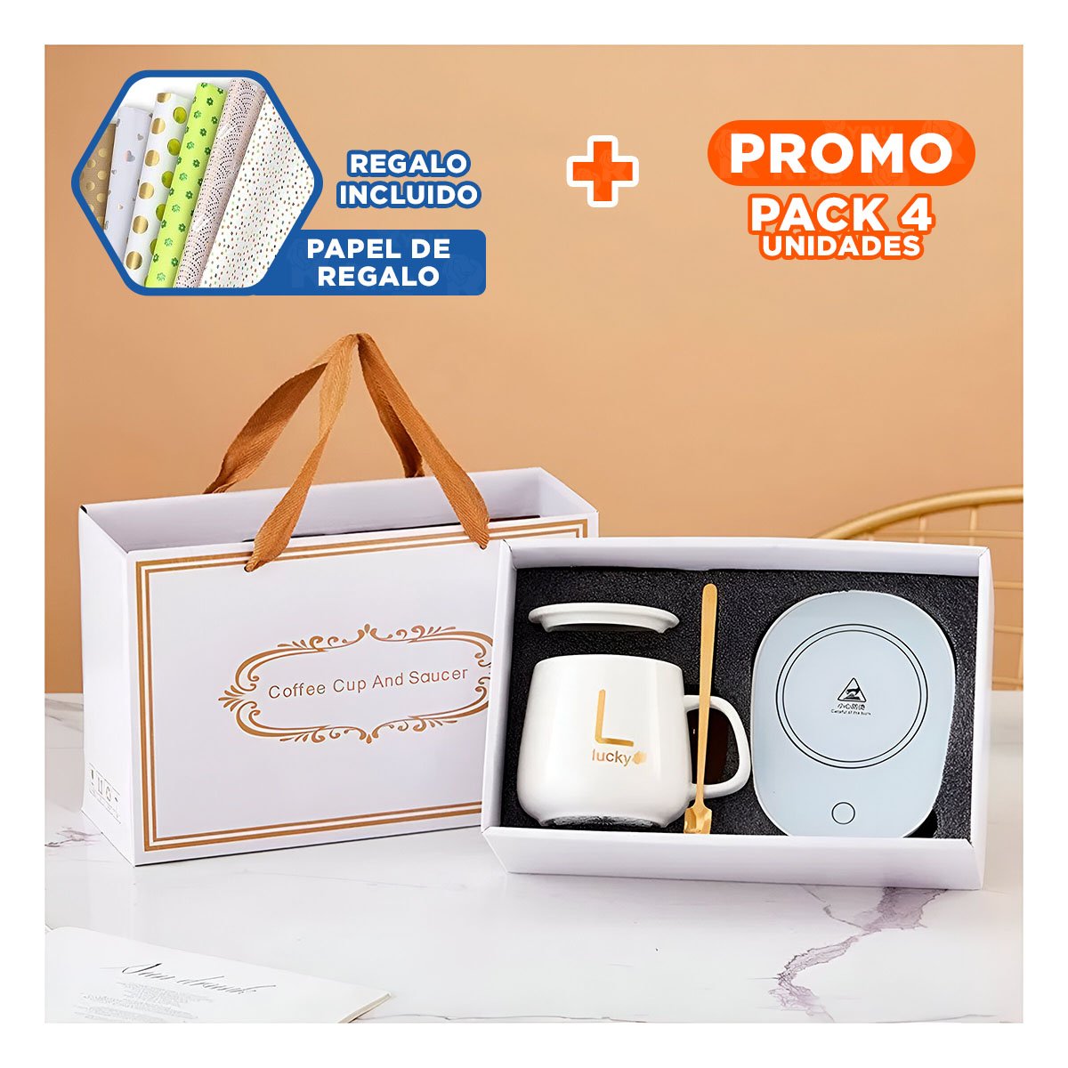 PACK4 PLACA MODERNA CALENTADORA DE TAZA BLANCO EN CAJA Y+PAPEL REGALO - 1
