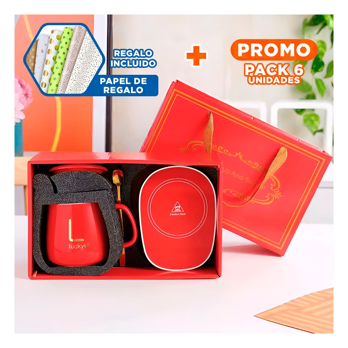PACK6 COLECCION CALENTADOR DE TAZA EN CAJA ROJO TECNOLOGIA FUNCIONAL Y+PAPEL REGALO - 1