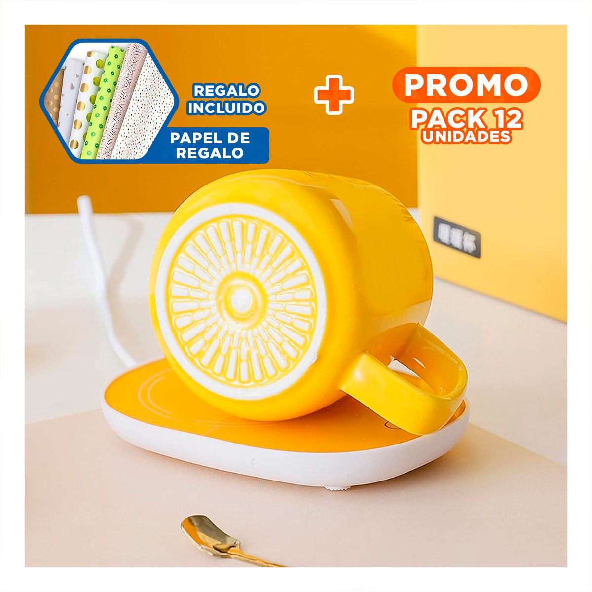 PACK12 BASE CALEFACTORA DE TAZA EN CAJA AMARILLO PLATAFORMA PRACTICA Y+PAPEL REGALO - 1