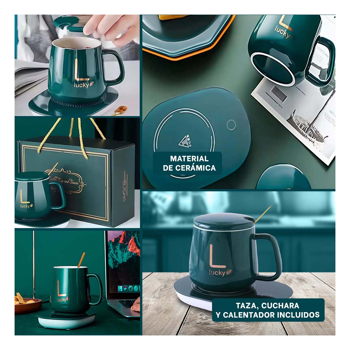 PACK4 SUPERFICIE MODERNA CALENTADORA DE TAZA VERDE EN CAJA Y+REGALO STICKER - 2