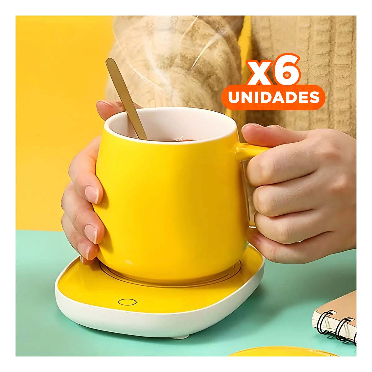 PACK6 BASE ELECTRICA DE TAZA EN CAJA AMARILLO DISENO MODERNO PARA HOGAR Y+REGALO STICKER - 1