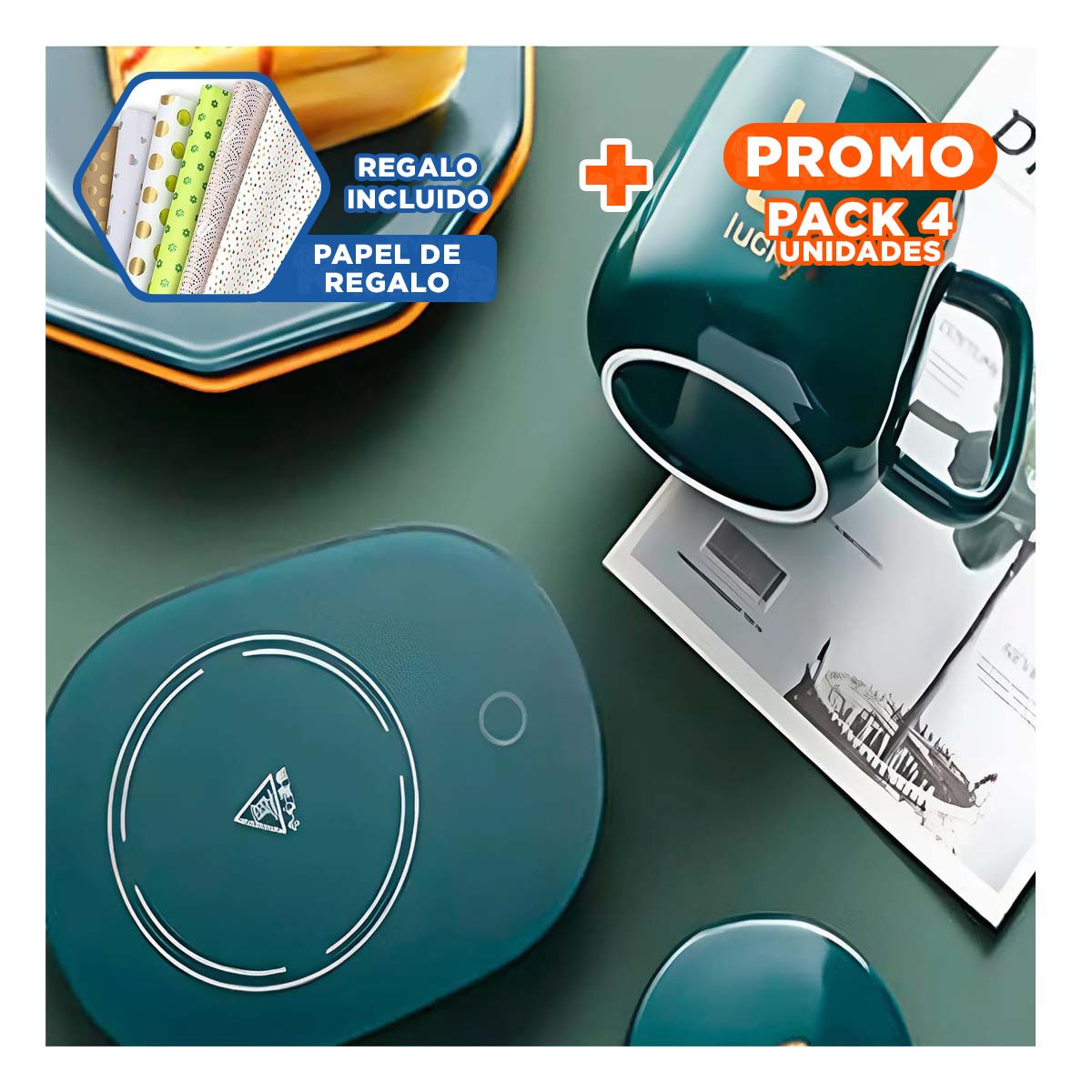 PACK4 PLACA MODERNA CALENTADORA DE TAZA VERDE EN CAJA Y+PAPEL REGALO - 1