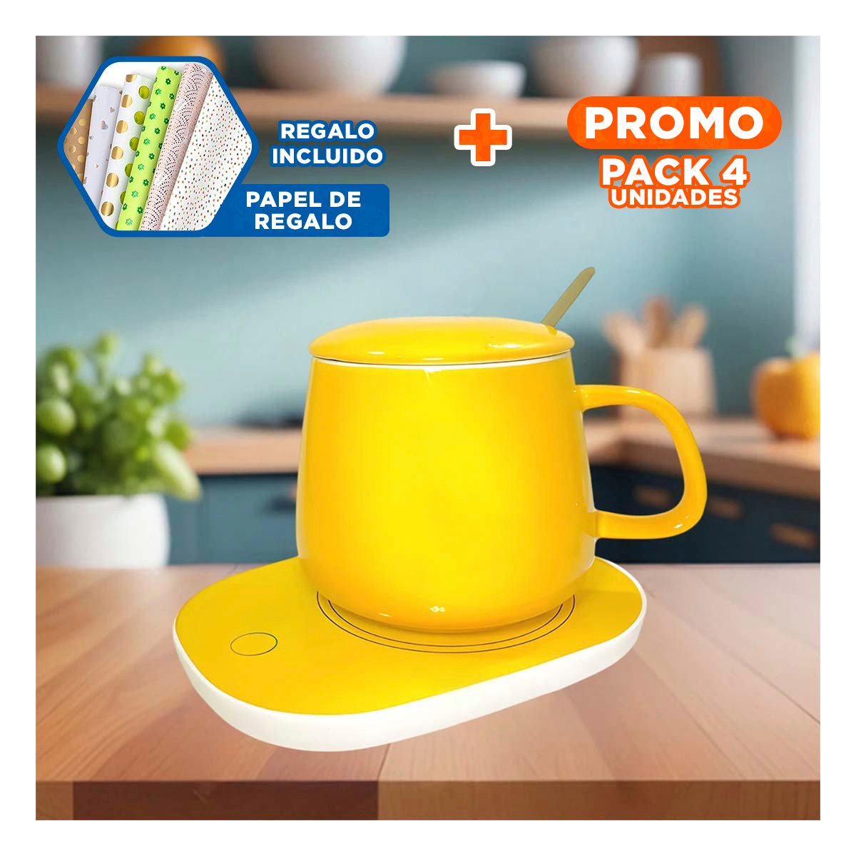 PACK4 COLECCION CALENTADOR DE TAZA EN CAJA AMARILLO DISENO ELEGANTE PARA OFICINA Y+PAPEL REGALO - 1