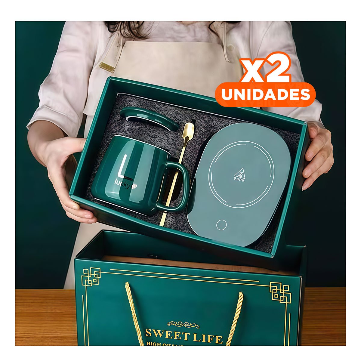 PACK2 APARATO MODERNO CALENTADOR DE TAZA VERDE EN CAJA Y+REGALO STICKER - 1