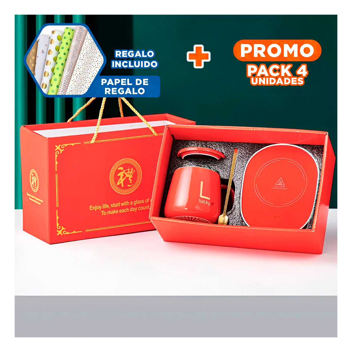 PACK4 COLECCION CALENTADOR DE TAZA EN CAJA ROJO BASE ELECTRICA PORTATIL Y+PAPEL REGALO - 1