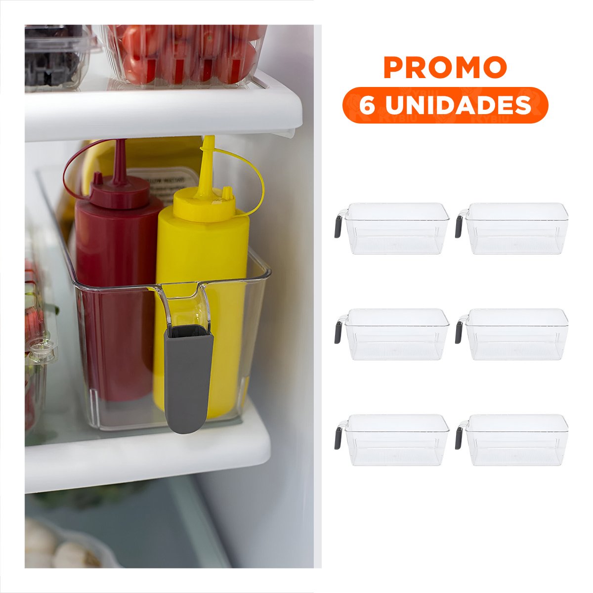 PACK6 BANDEJA TRANSPARENTE RECTANGULAR CON ASA PARA REFRIGERADOR PLOMO - 1