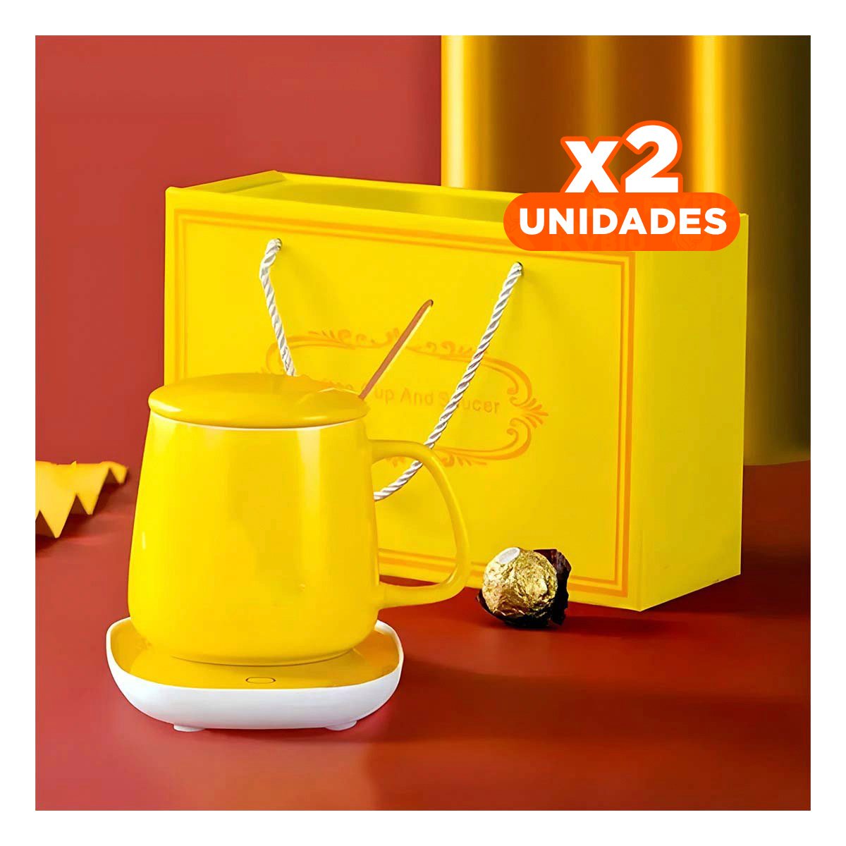 PACK2 COLECCION CALENTADOR DE TAZA EN CAJA AMARILLO ACCESORIO MODERNO Y+REGALO STICKER - 1
