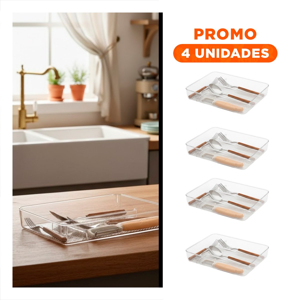 PACK4 PORTA ALIMENTOS DE ACRILICO PARA CUBIERTOS 33X18X5CM TRANSPARENTE Y+REGALO STICKER - 1