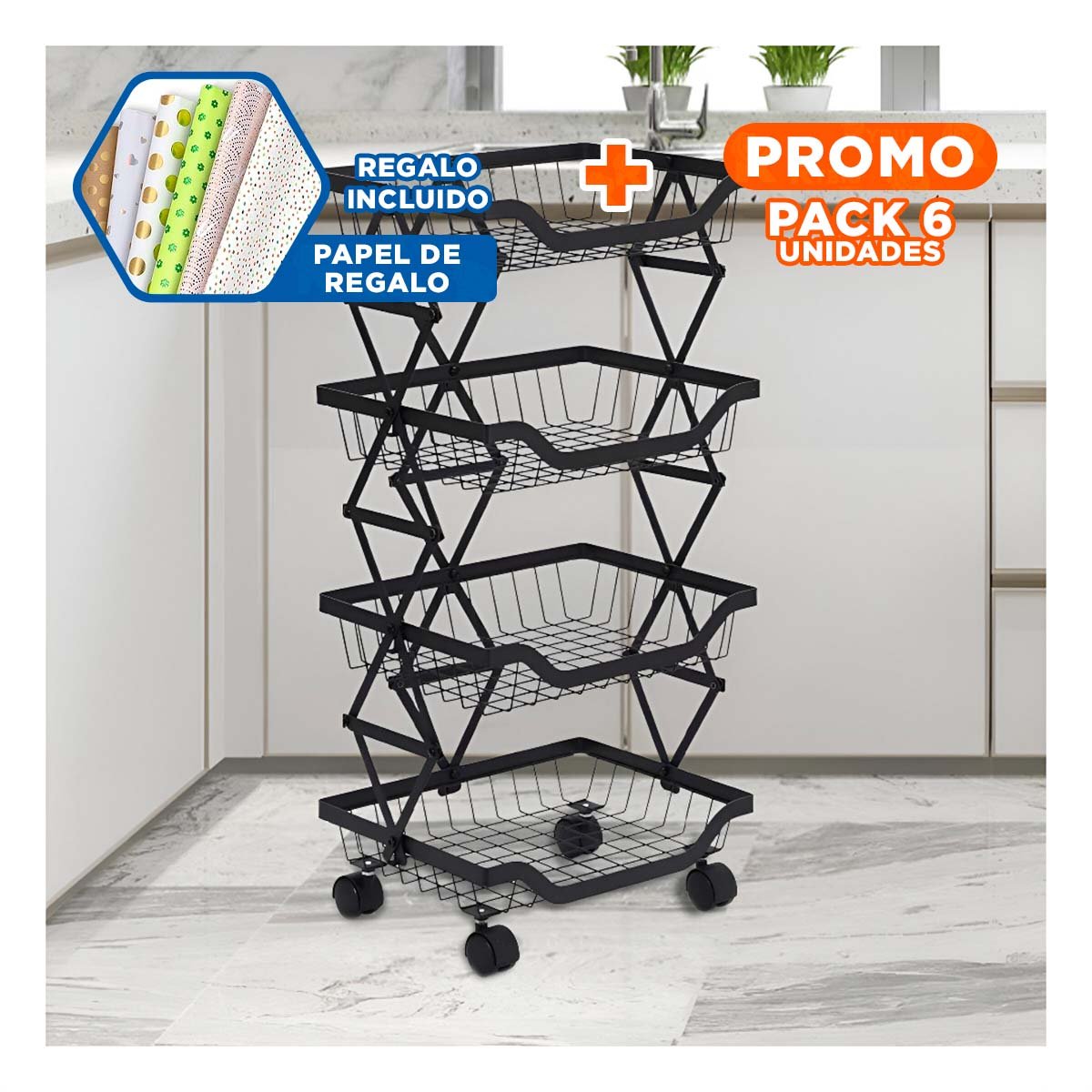 PACK6 CONTENEDOR DE 4 ESPACIOS EN COLOR NEGRO CON SOPORTE METAL ESTABLE Y+PAPEL REGALO - 1