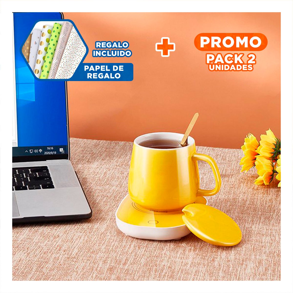 PACK2 PAQUETE CALENTADOR DE TAZA EN CAJA AMARILLO TECNOLOGIA DURADERA Y+PAPEL REGALO - 1