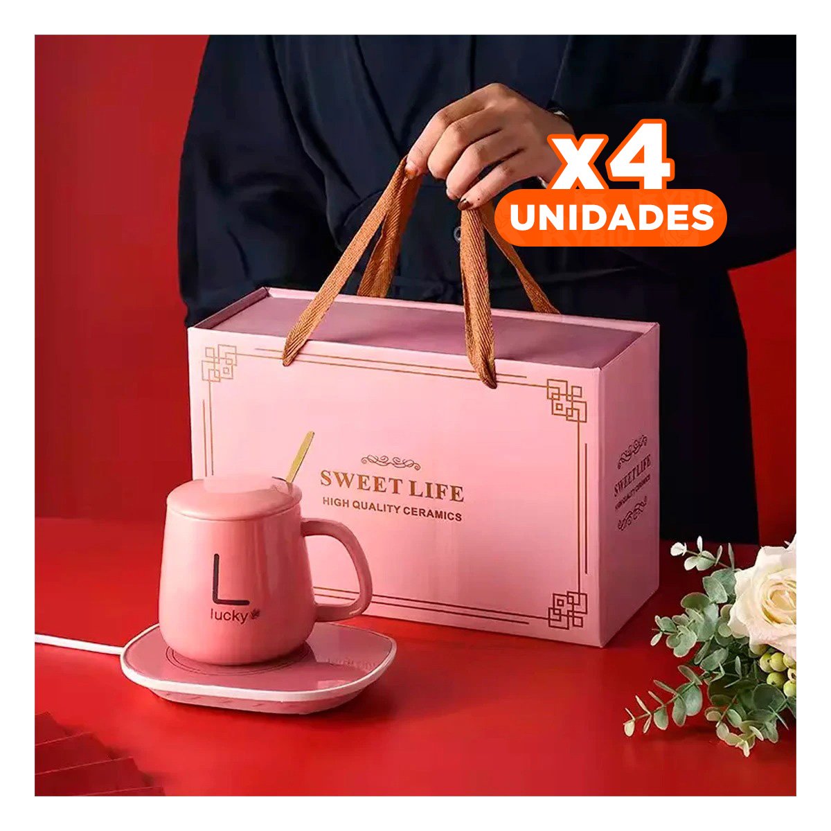 PACK4 EQUIPO MODERNO CALENTADOR DE TAZA ROSADO EN CAJA - 1