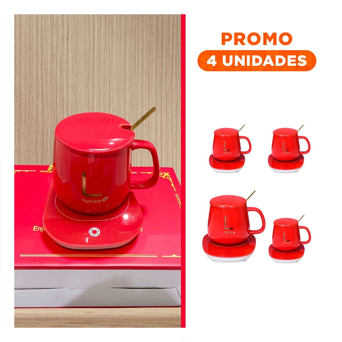 PACK4 COLECCION CALENTADOR DE TAZA EN CAJA ROJO DISENO ELEGANTE PARA OFICINA Y+REGALO STICKER - 1