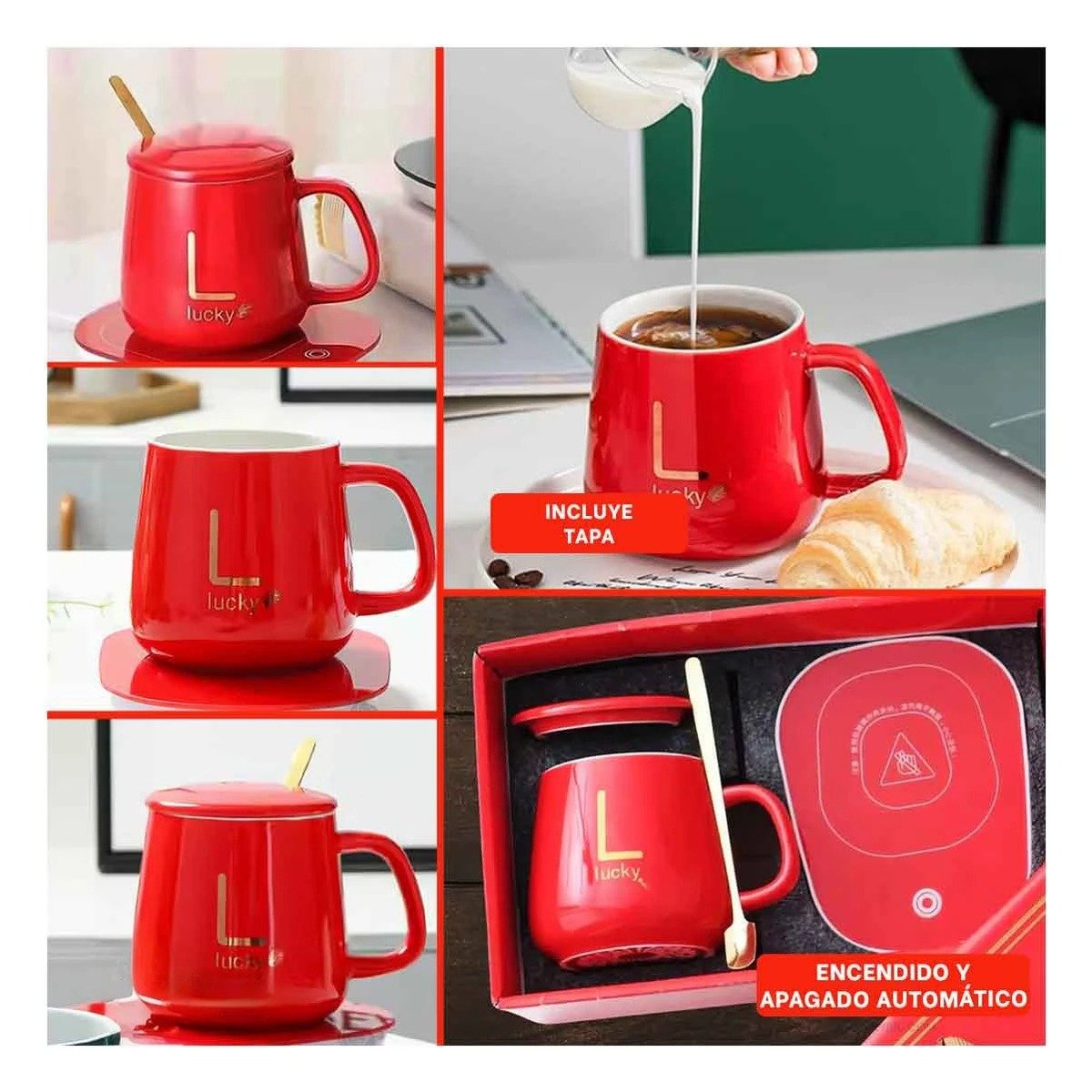 PACK4 COLECCION CALENTADOR DE TAZA EN CAJA ROJO DISENO ELEGANTE PARA OFICINA Y+REGALO STICKER - 2