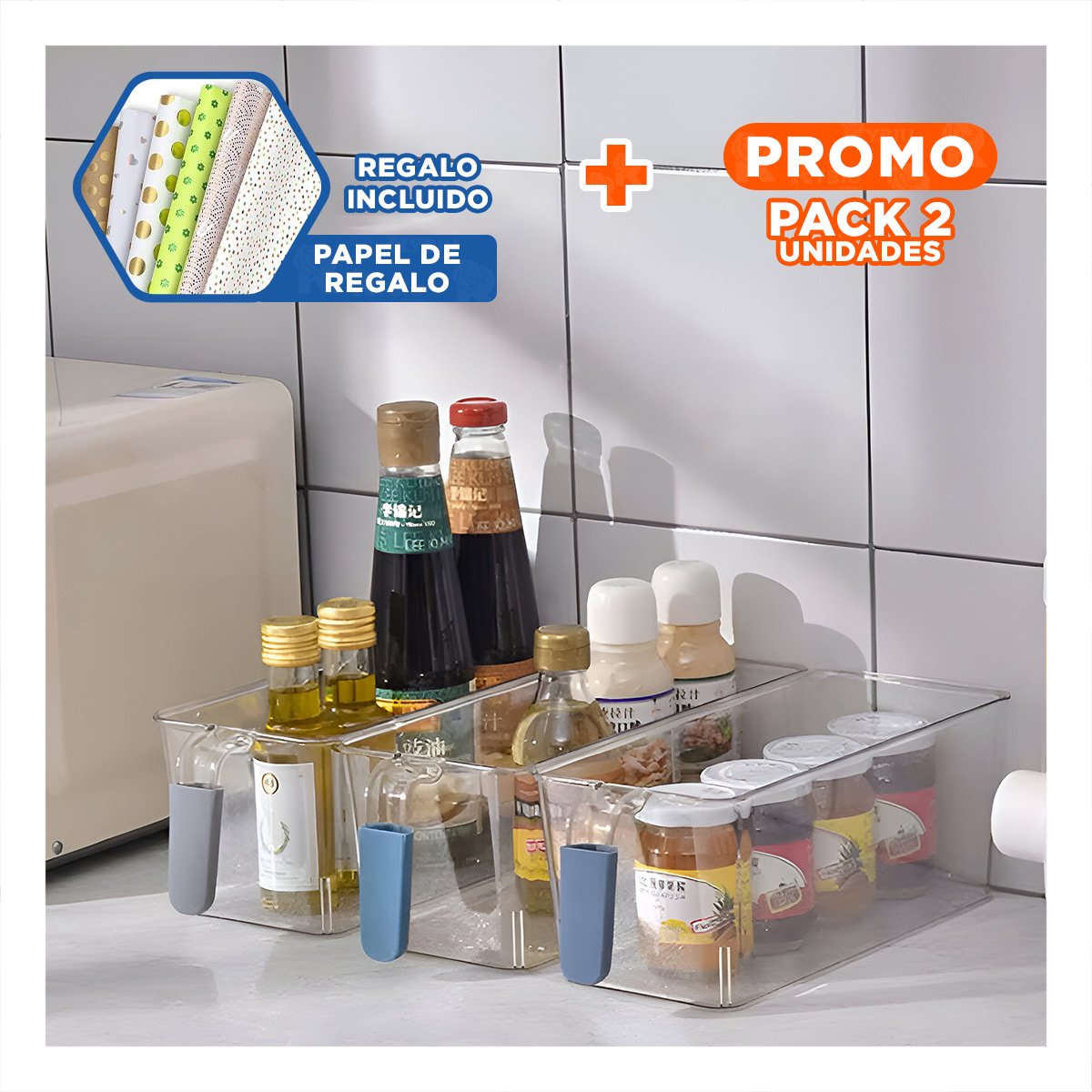 PACK2 RECIPIENTE DE COCINA RECTANGULAR CON ASA PARA REFRIGERADOR PLOMO Y+PAPEL REGALO - 1