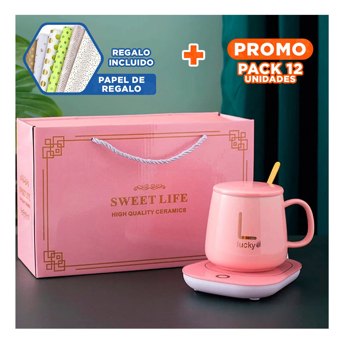PACK12 PLATAFORMA PORTATIL CALENTADORA DE TAZA ROSADA EN CAJA Y+PAPEL REGALO - 1
