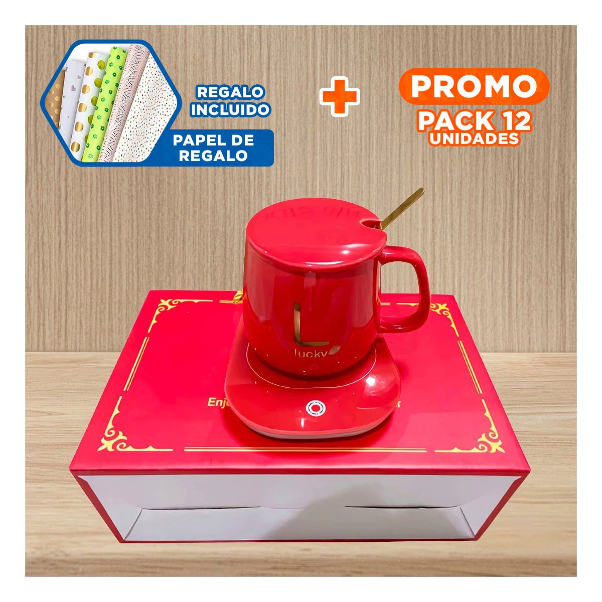 PACK12 BASE TERMICA DE TAZA EN CAJA ROJO ACCESORIO COMPACTO PARA OFICINA Y+PAPEL REGALO - 1
