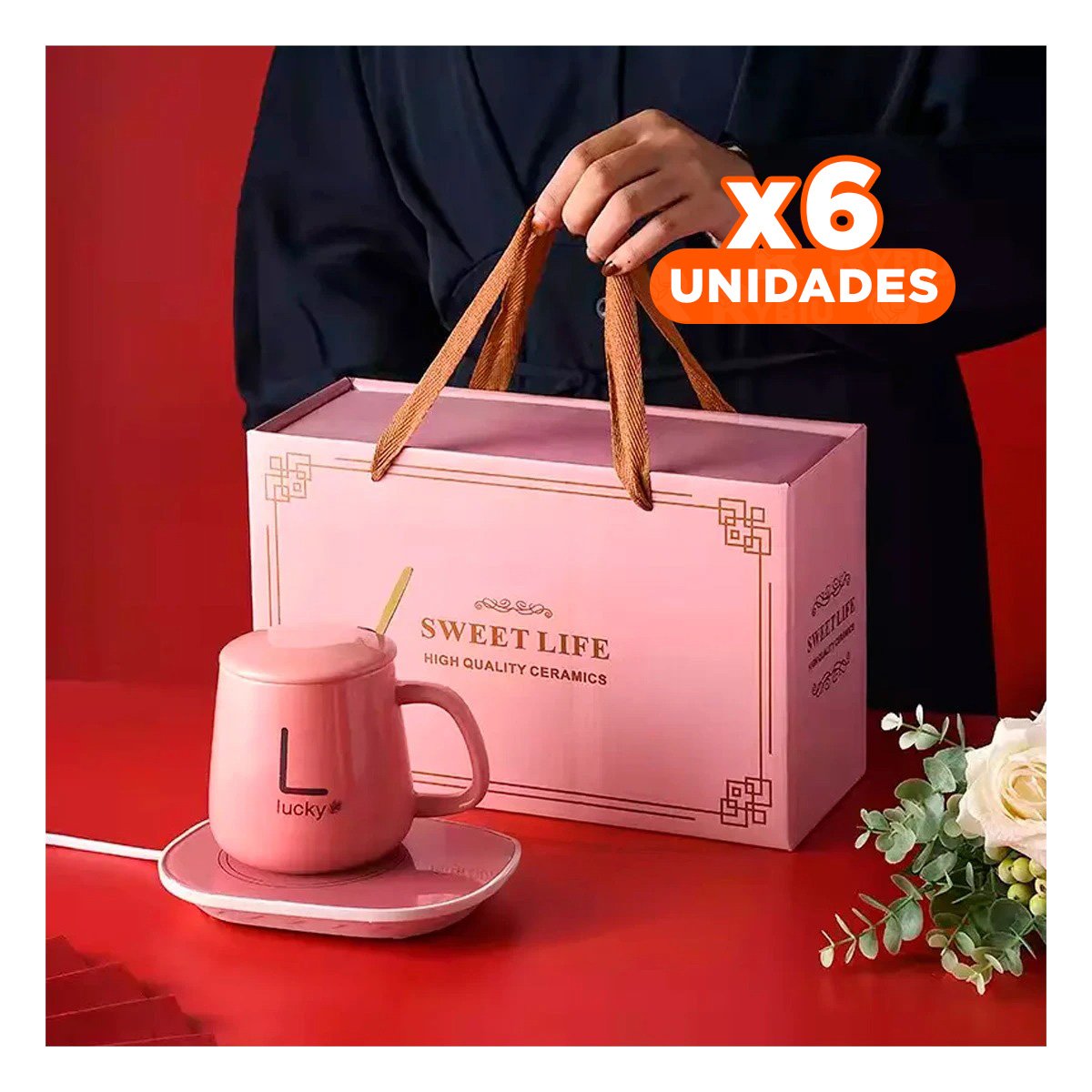 PACK6 ACCESORIO PORTATIL CALENTADOR DE TAZA ROSADO EN CAJA Y+REGALO STICKER - 1