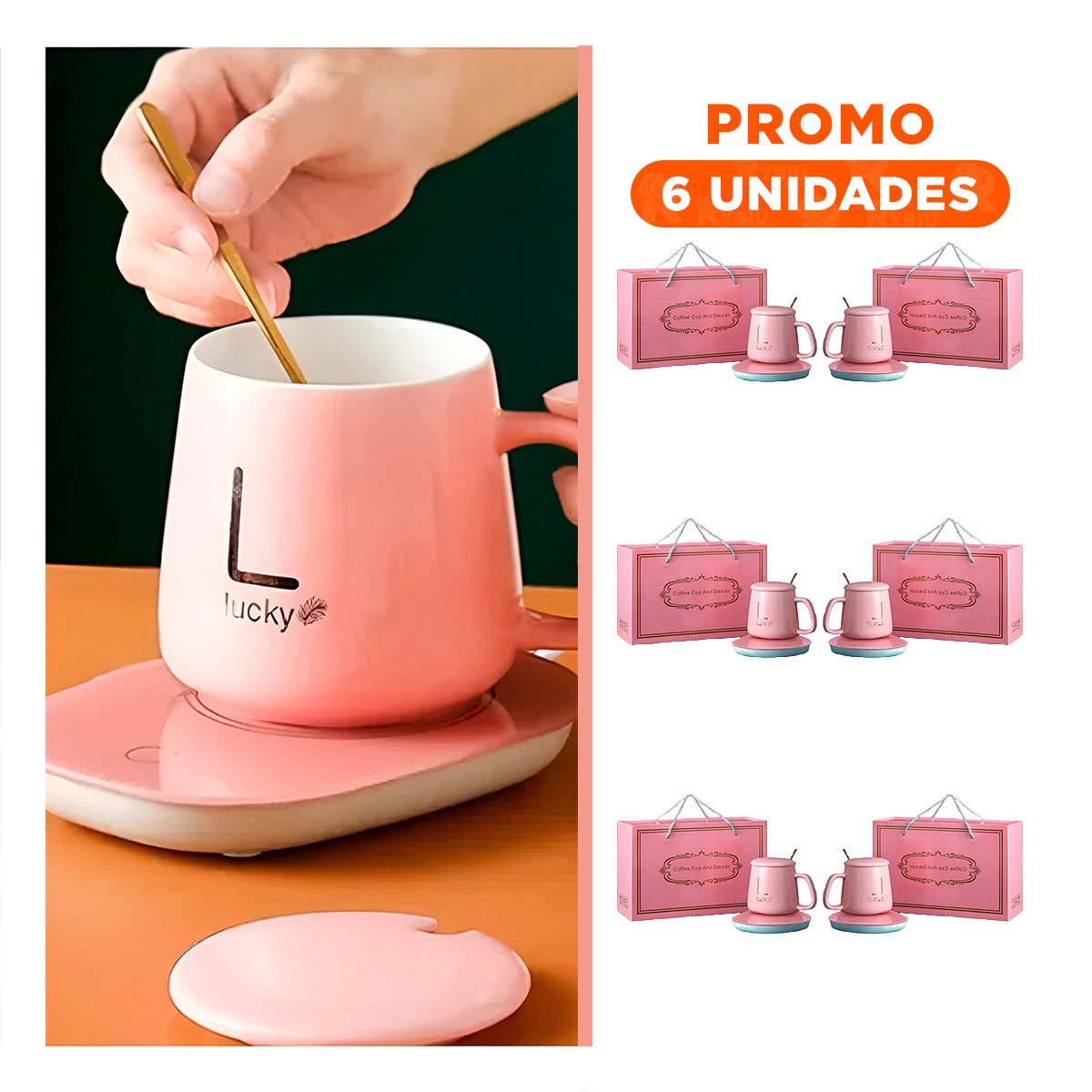 PACK6 SOPORTE PORTATIL CALENTADOR DE TAZA ROSADO EN CAJA - 1