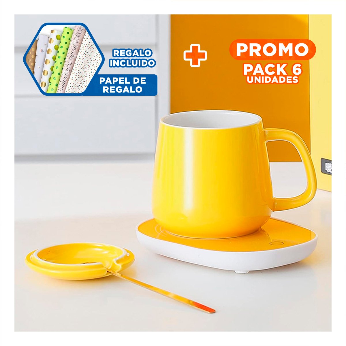 PACK6 BASE CALENTADORA DE TAZA EN CAJA AMARILLO TECNOLOGIA PORTATIL Y+PAPEL REGALO - 1