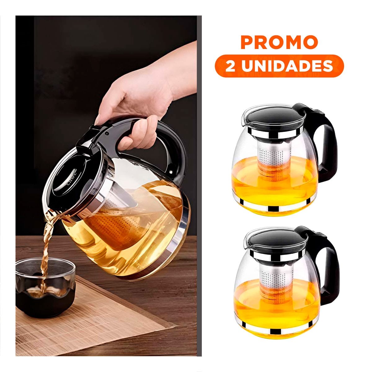 PACK2 RECIPIENTE DE VIDRIO PORTATIL CON FILTRO 1.5 LT PARA PREPARAR TE Y CAFE - 1