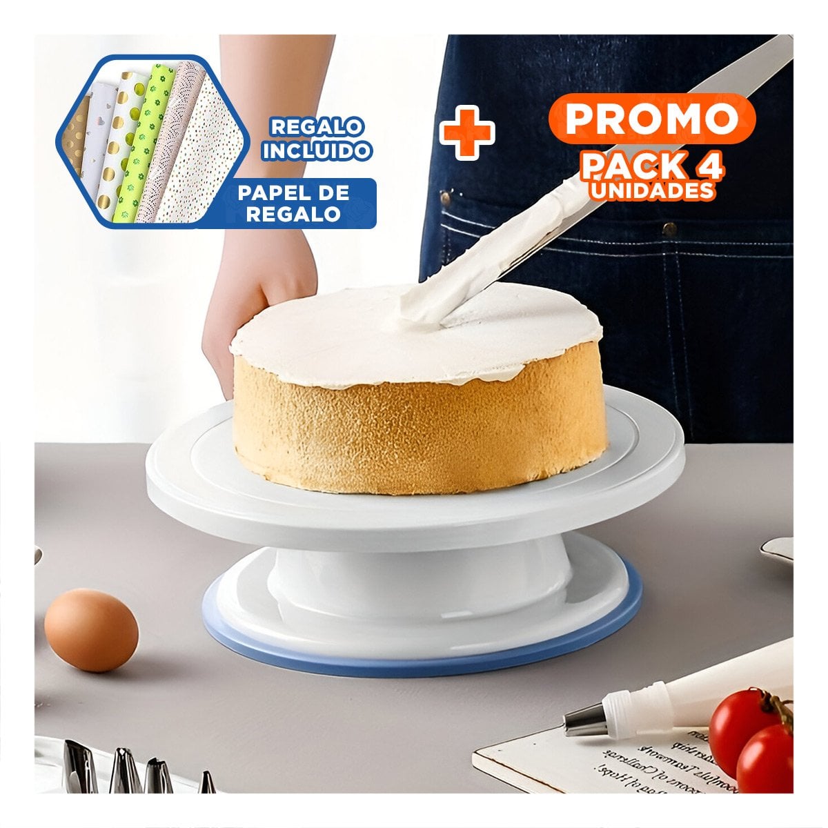 PACK4 MESA DE REPOSTERIA BLANCO GIRATORIA VERSATIL PARA DECORACION Y POSTRES Y+PAPEL REGALO - 1