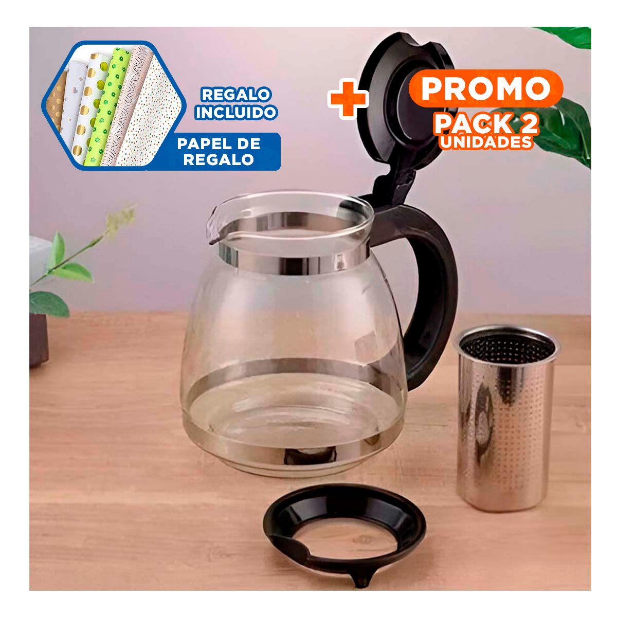 PACK2 CAFETERA DE TE DE VIDRIO CON FILTRO 1.5 LT PARA MANTENER BEBIDAS CALIENTES Y+PAPEL REGALO - 1