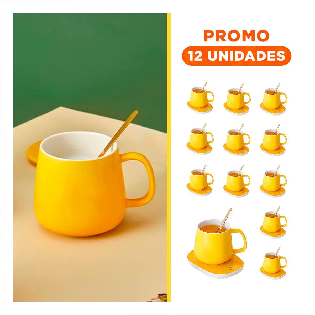 PACK12 BASE PORTATIL DE TAZA EN CAJA AMARILLO TECNOLOGIA FUNCIONAL PARA CASA Y+REGALO STICKER - 1