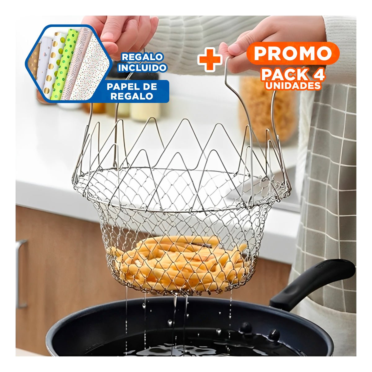 PACK4 SOPORTE FREIR ACERO 23CM PLATEADO PARA COCINA SEGURO Y PRACTICO Y+PAPEL REGALO - 1
