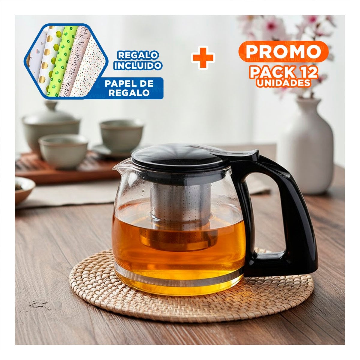 PACK12 INFUSOR DE VIDRIO CON FILTRO 2 LT PARA PREPARAR TE Y MOMENTOS ACOGEDORES Y+PAPEL REGALO - 1