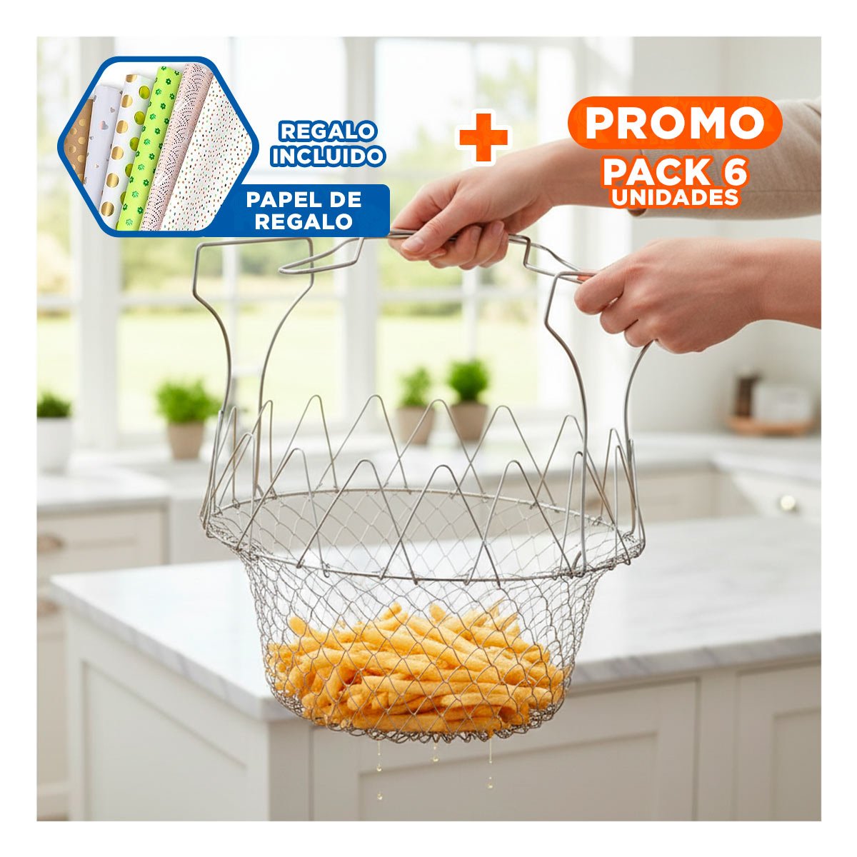 PACK6 CESTA COCINA COLAR ACERO 23CM PLATEADO PARA FREIR FACIL DE USAR Y+PAPEL REGALO - 1