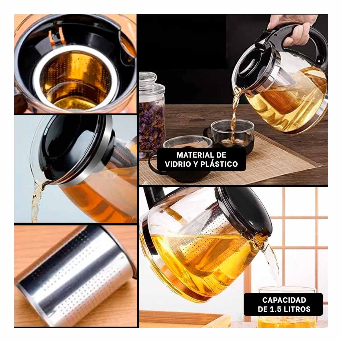 PACK4 RECIPIENTE ELEGANTE DE VIDRIO CON FILTRO 1.5 LT PARA TE E INFUSIONES Y+REGALO STICKER - 2