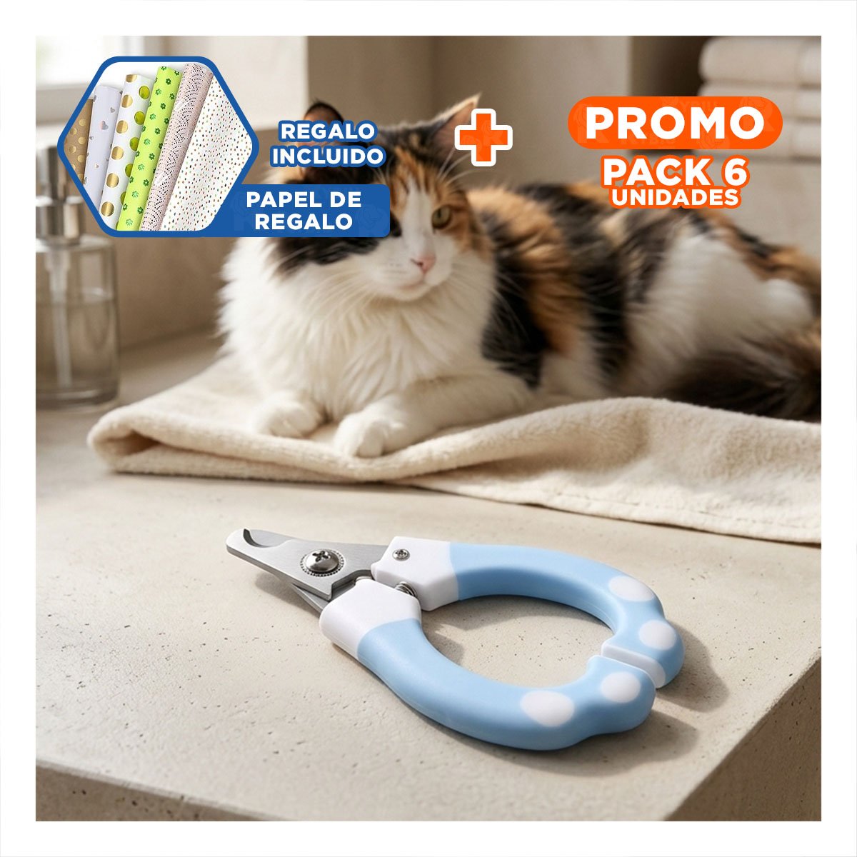 PACK6 CORTAUÑAS PET CON LIMA MANGO CURVO CON PUNTOS CELESTE CHICO SUAVE Y+PAPEL REGALO - 1