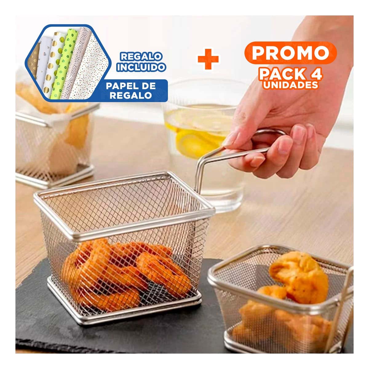 PACK4 ESTRUCTURA METALICA PARA FRITURAS PLATEADO ACERO DE ALTA CALIDAD Y+PAPEL REGALO - 1