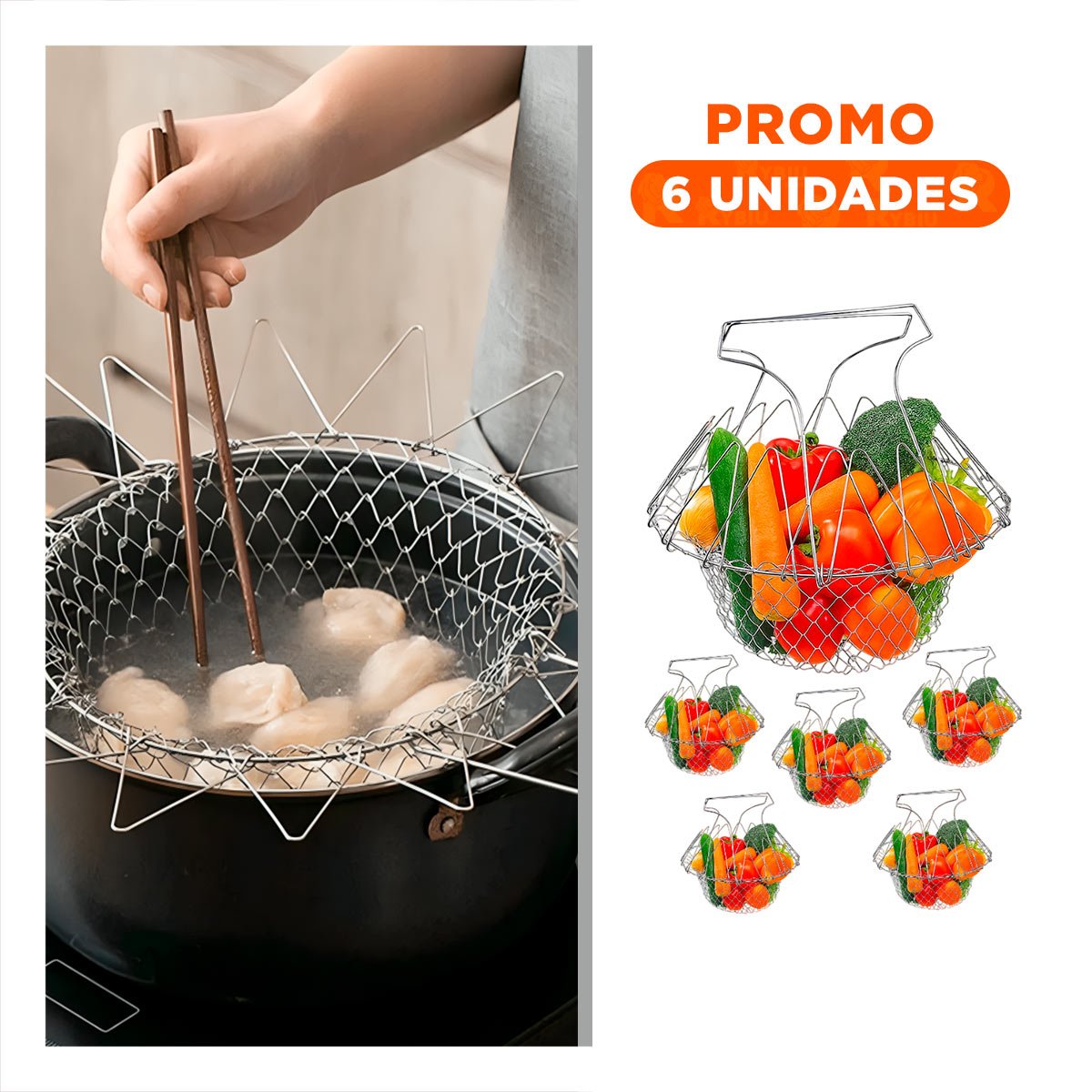PACK6 CANASTA COCINA COLAR ACERO 23CM PLATEADO PARA FREIR RESISTENTE Y SEGURA - 1
