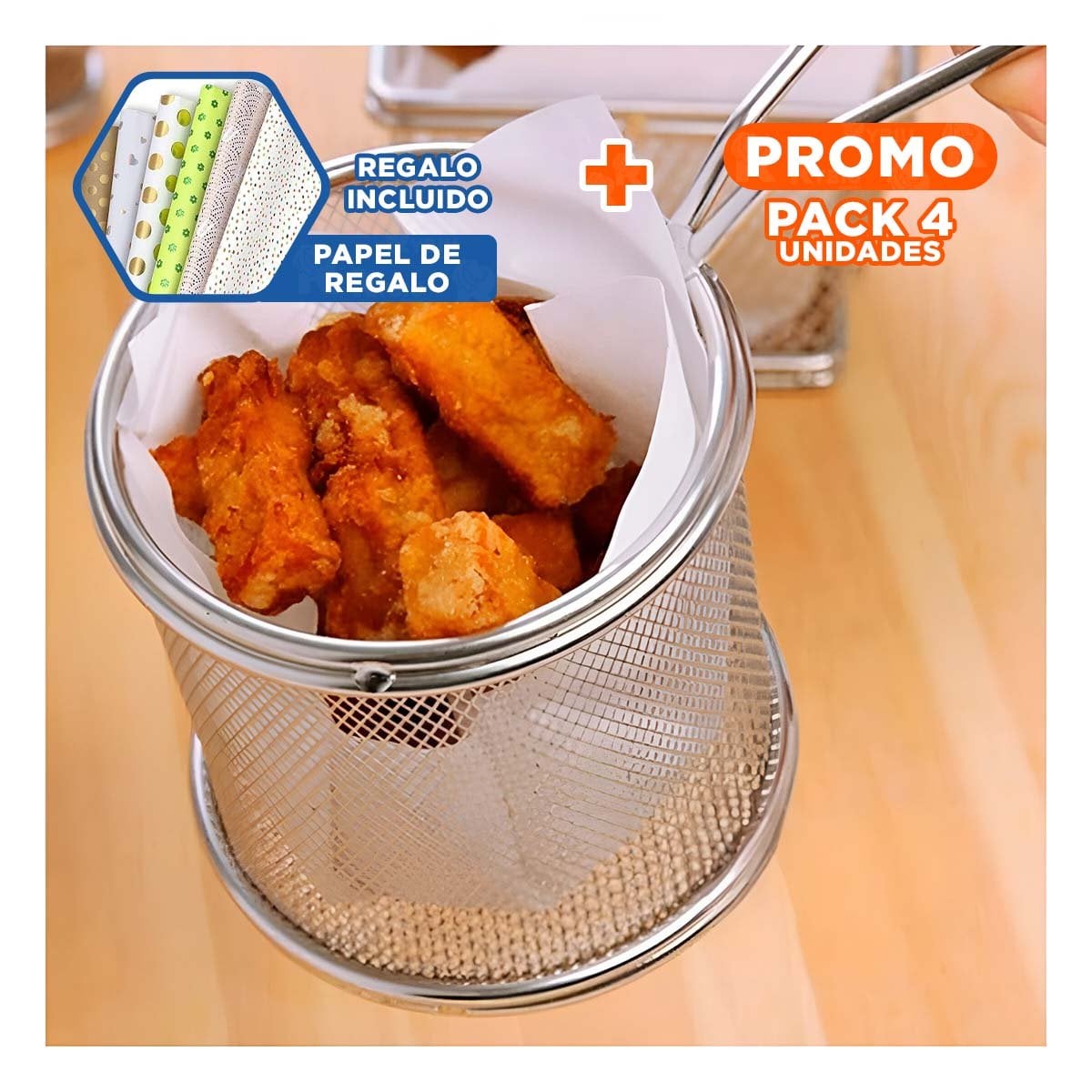 PACK4 COLADOR DE COCINA CIRCULAR PARA ESCURRIR PAPAS FRITAS Y+PAPEL REGALO - 1