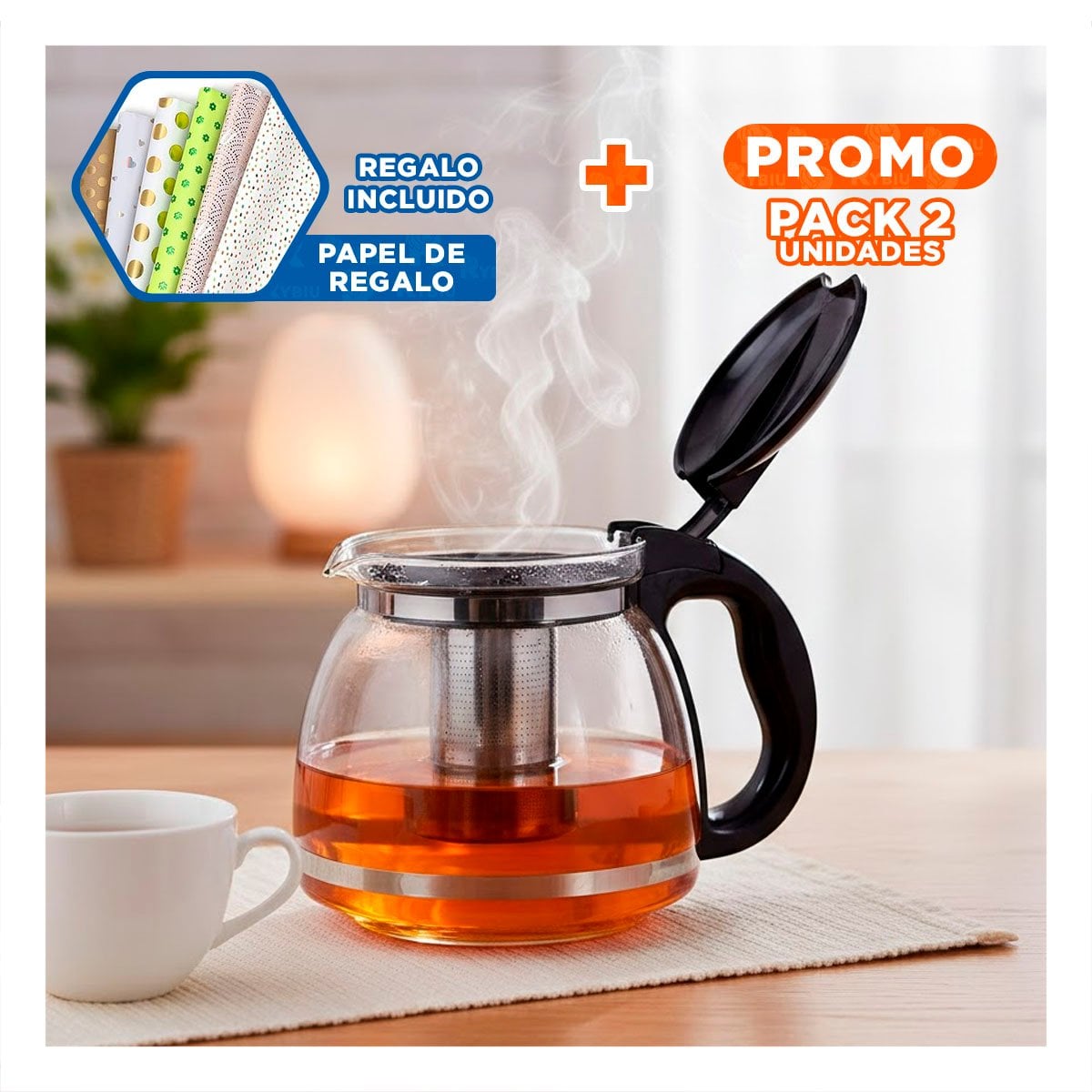 PACK2 CAFETERA DE VIDRIO CON FILTRO 2 LT PARA BEBER TE Y DISFRUTAR EN CASA Y+PAPEL REGALO - 1
